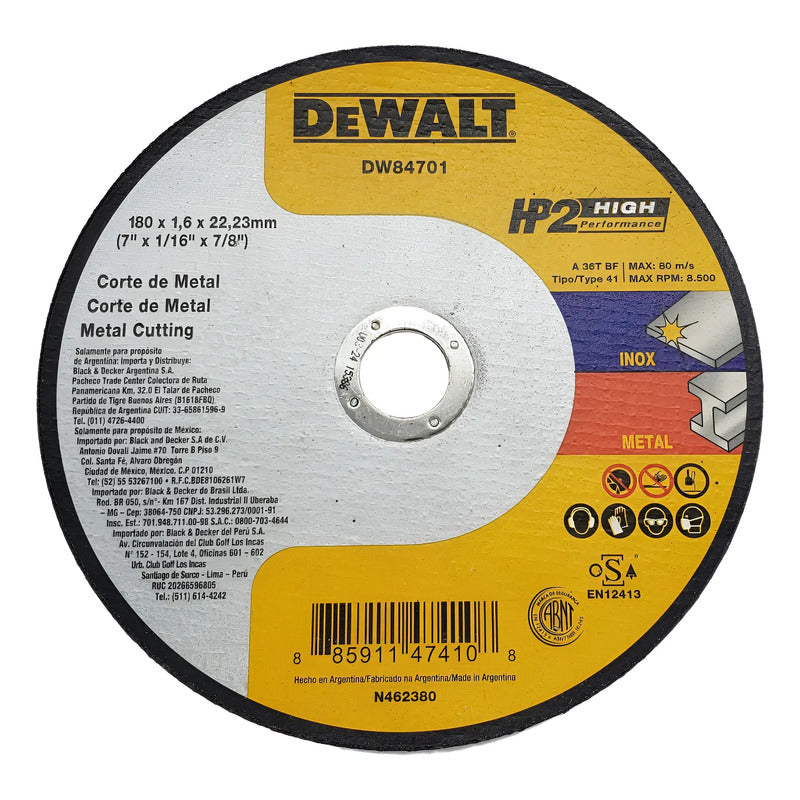 Disco Corte Hp2 Metal De 7 Pulgadas 180mm Dewalt Dw84701 Negro