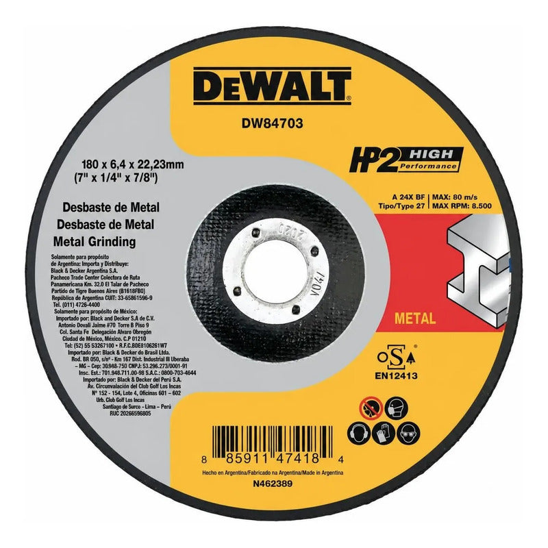 Disco Abrasivo Hp2 De 7 X 1/4 X 7/8 Type 27 P/metal Dw84703 Negro/plateado