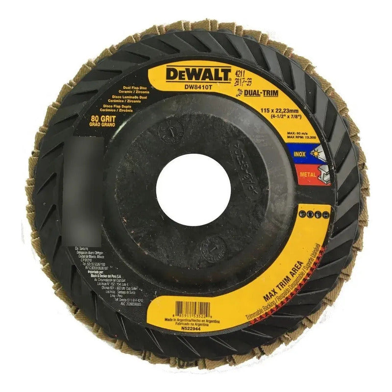 Disco Dewalt De Doble Borde, 4 1/2 X 7/8 Granos Y 80 Solapas Negro